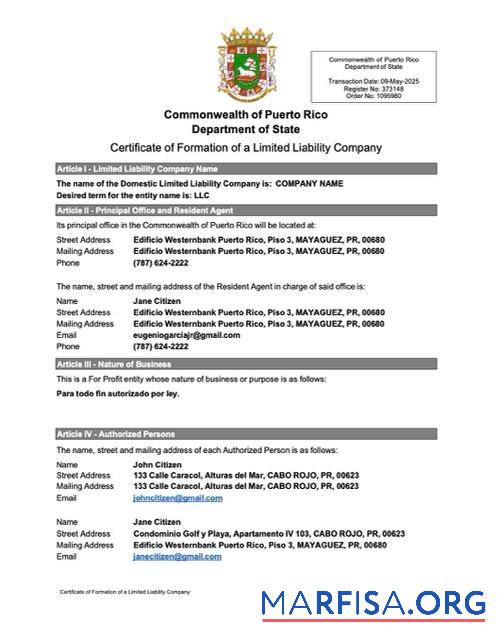 Downloadable Puerto Rico certificate of formation of a limited liability company Word and PDF template